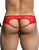 Red candyman lace cut out thong underwear size s with sheer mesh back and intricate floral lace detailing on sides
