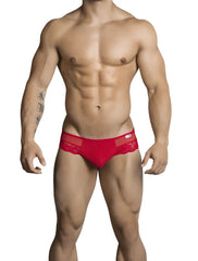 Red lace trim candyman lace cut out thong underwear with sheer mesh front panel size s