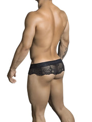Black lace briefs with a delicate intricate pattern candyman lace thong underwear black size s shown from the front