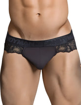 Black lace-trimmed Candyman lace thong underwear in black with branded elastic waistband size S