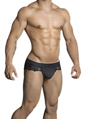 Black lace-trimmed candyman lace thong underwear with branded waistband in size s showing front view