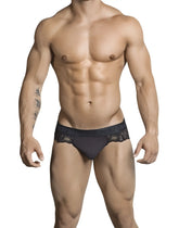 Black lace-trimmed briefs with a snug form-fitting design candyman lace thong underwear black size s shown from the back