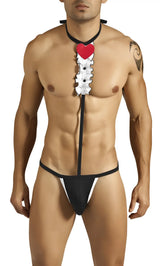 Black and white candyman tuxedo outfit costume with red heart-shaped pendant in size large