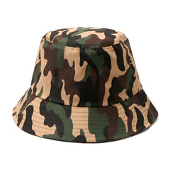 Canvas bucket hat in classic camouflage pattern with earthy greens browns and tan made from durable canvas material