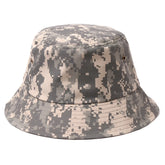 Canvas bucket hat in digital camouflage with wide brim and adjustable strap made from durable fabric