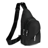 Canvas sling bag black nylon crossbody with silver zippers and adjustable strap for easy carrying