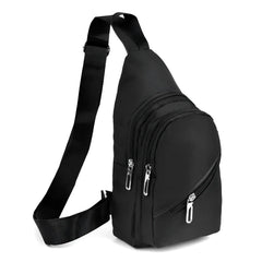 Canvas sling bag black nylon crossbody with silver zippers and adjustable strap for easy carrying
