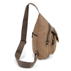 Tan canvas sling bag with multiple zippered compartments and a sturdy adjustable shoulder strap for daily use