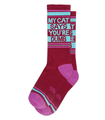 Maroon and pink striped crew socks with white text my cat says youre dumb on light blue stripes