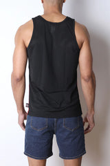 Black starter mesh tank top with subtle perforated texture and small brand tag at the bottom hem