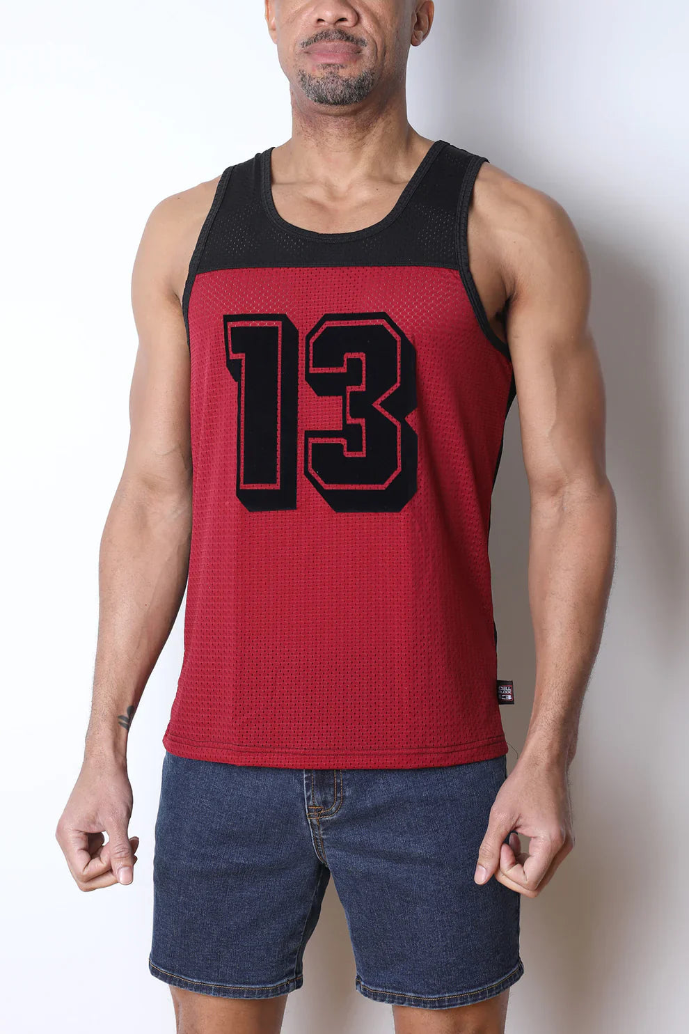 Starter mesh tank top in red and black with textured fabric featuring bold black number 13 in sports jersey style