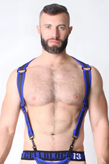 Blue and black adjustable suspenders with metal clasps in the cellblock 13 cyber x-treme harness blue cbs096 size l