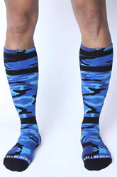 Blue and black camouflage knee-high CellBlock 13 Foxhole socks with CellBlock branding on the toe in one size