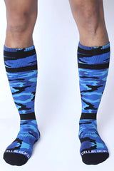 Blue and black camouflage knee-high CellBlock 13 Foxhole socks with CellBlock branding on the toe in one size