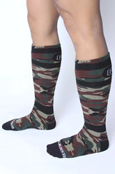 CellBlock 13 foxhole socks green camouflage knee-high socks with black ribbed cuffs and toe caps size one size