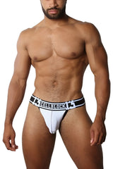 White mesh athletic briefs with black and white striped cellblock 13 waistband in size medium front view