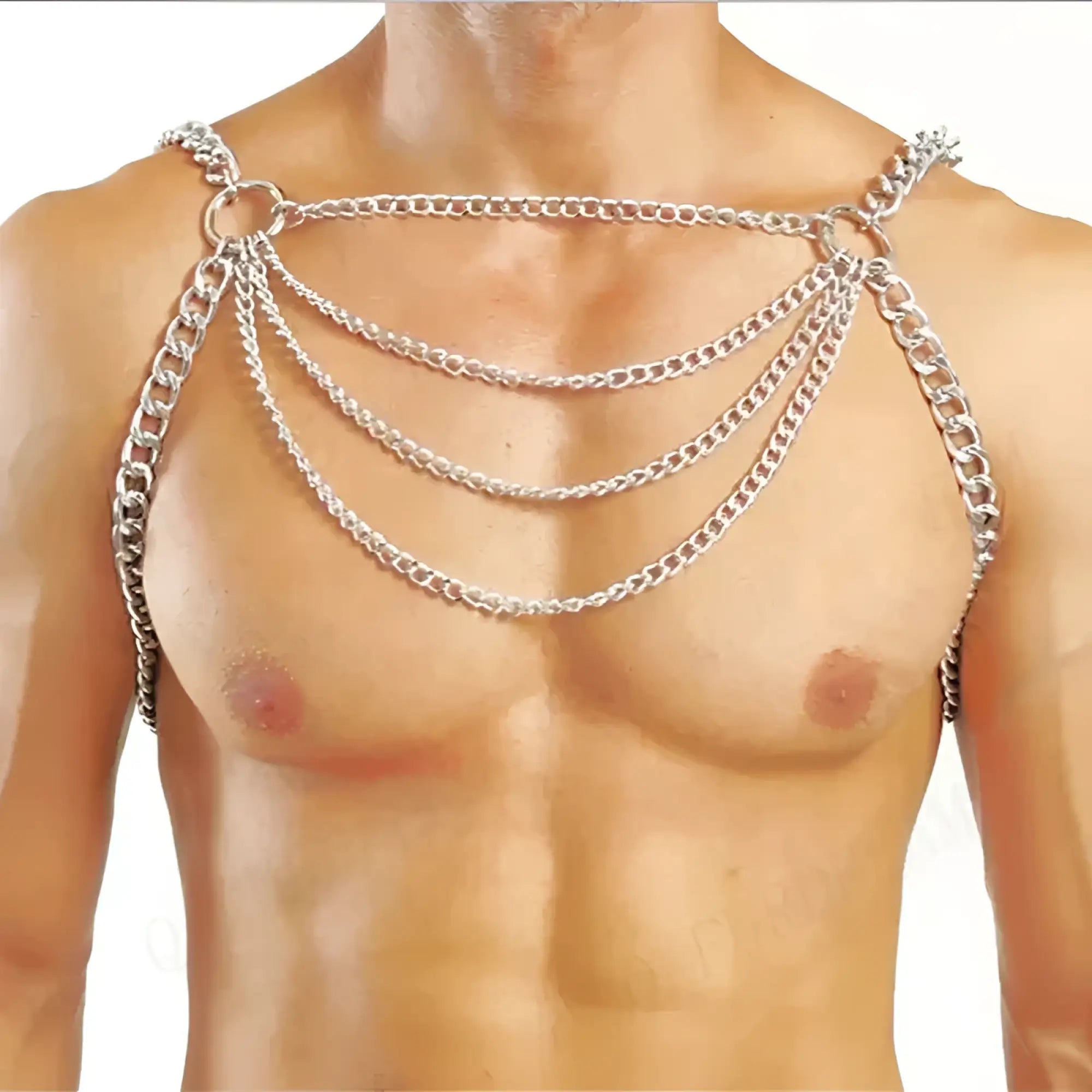 Silver-toned metal chain harness with multiple layered chains and circular rings for edgy fashion accessory