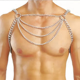 Silver-toned metal chain harness with multiple layered chains and circular rings for edgy fashion accessory