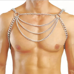 Silver-toned metal chain harness with multiple layered chains and circular rings for edgy fashion accessory