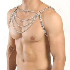 Silver-toned multi-layered chain harness with bold industrial design for edgy fashion statement