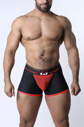 Black and red chain reaction jock trunk briefs with mesh panel for breathability and support