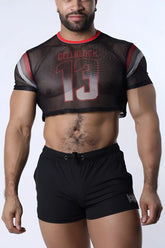 Black mesh crop top with red and white collback 15 graphic on the back from chain reaction mesh crop top collection