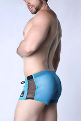 Chain reaction mesh short blue mesh swim trunks with black side panels and a drawstring waistband