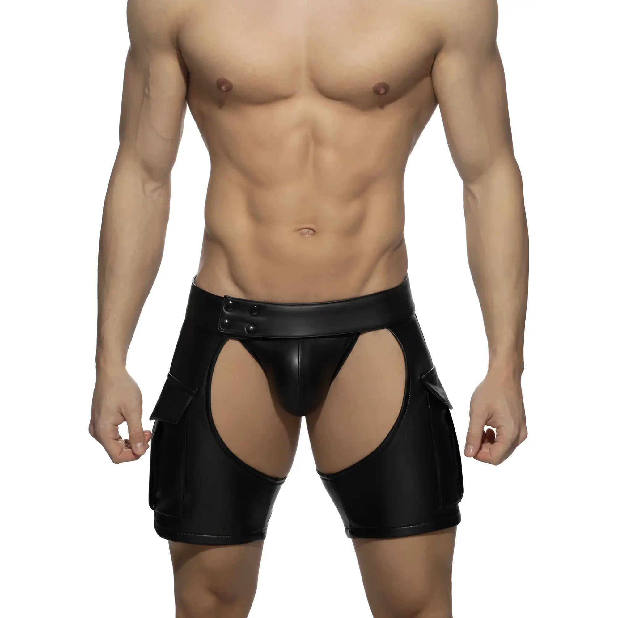 Chaps shorts black faux leather briefs with cut-out sides and side pockets for edgy fashion looks