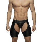 Chaps shorts black faux leather briefs with cut-out sides and side pockets for edgy fashion looks