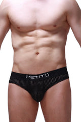 Black mesh cheeky brief durtol black with a solid waistband featuring the petitq logo in white lettering