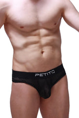 Black mesh cheeky brief durtol with white petitq logo on waistband for breathable everyday wear