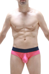 Bright pink shiny satin cheeky brief fuchsia with contrasting navy blue waistband for a stylish fit