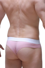 Pink cheeky brief thong with white elastic waistband in tea rose color for comfortable everyday wear