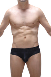 Black cheeky brief voile with a smooth glossy finish made from lightweight breathable fabric for men