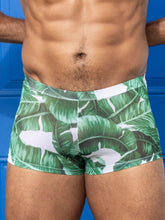 Green and white tropical leaf patterned mesh swim trunks for boys little boy blue design chris square cut