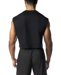 Black sleeveless chrome crop top with fitted athletic cut designed for active wear and casual style