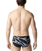 Black chromium bikini swim trunks with bold white abstract interconnected organic pattern