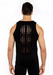 Black sleeveless circle spine laser cut stretch jersey tank showing circular perforations down the back