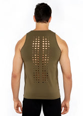 Back view of olive green circle spine laser cut stretch jersey tank top with circular perforations down the back