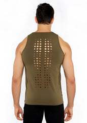 Back view of olive green circle spine laser cut stretch jersey tank top with circular perforations down the back