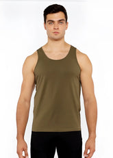 Olive green sleeveless tank top in stretch jersey with circle spine laser cut and fitted design
