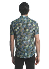 Circles cotton silk s s woven shirt with vibrant blue green and beige overlapping circle pattern on striped base