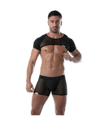 Circuit mesh full harness black mesh top and matching shorts set with short sleeves cut-out chest and fabric trim