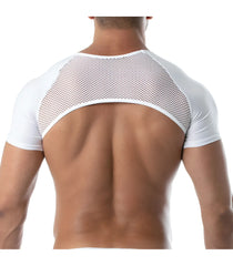 White mesh and solid fabric short-sleeved circuit mesh full harness top showing the back cutout design
