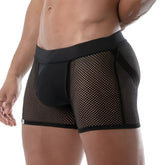 Circuit mesh jockshort black mesh boxer briefs with solid black waistband and reinforced side panels front view