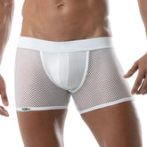 White circuit mesh jockshort briefs with solid white front panel and waistband featuring tofi brand label on leg