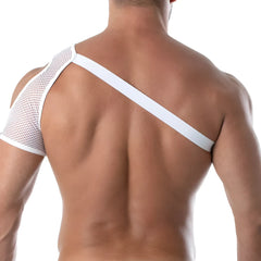 White mesh shoulder harness back view with a solid white band made of breathable mesh material