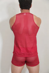 Red mesh tank top and matching shorts set featuring breathable circuit mesh fabric in vibrant red color