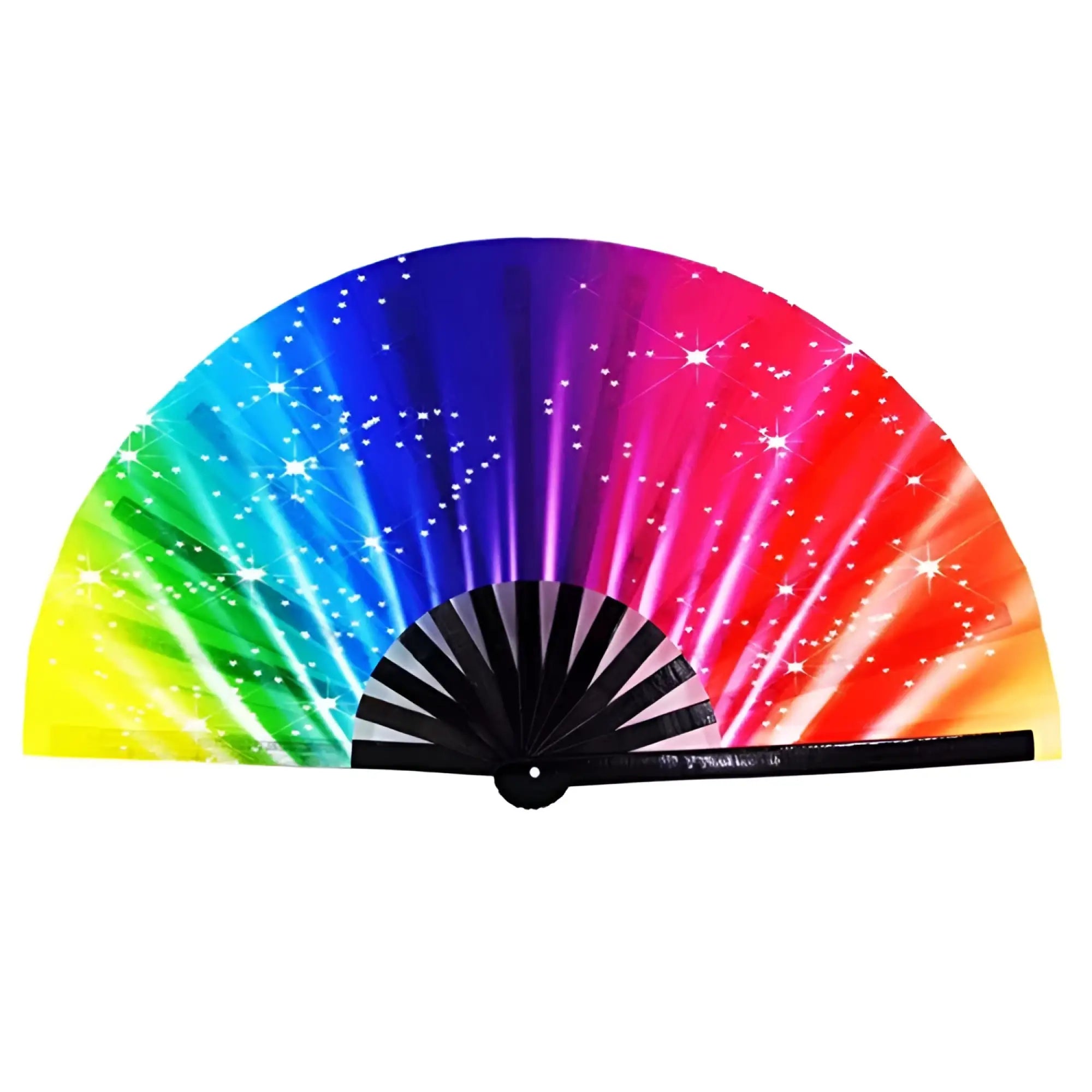 A vibrant rainbow-colored folding fan with sparkling star pattern and black ribbed handle from CLACK FANS