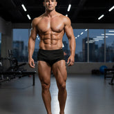 Black athletic briefs metro malewear posingwear classic bodybuilding trunk 6 inches worn by muscular man in gym